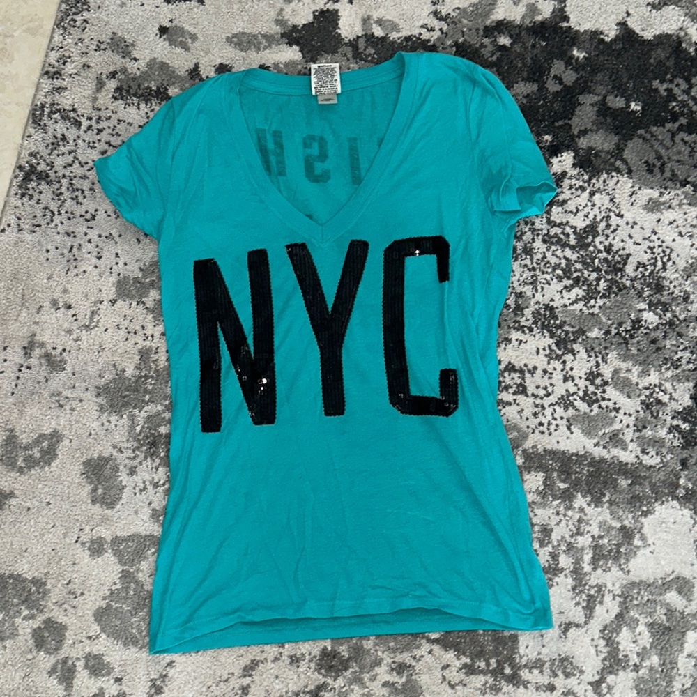 Victoria Secret Pink NYC wish you were here sequin v neck T-shirt